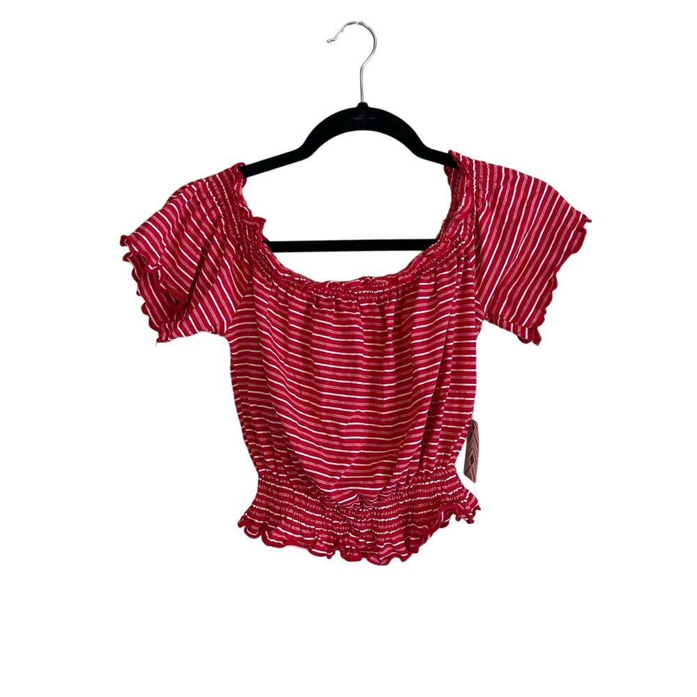 Forever 21 Crop Top Womens S Stripe Off Shoulder Smocked Lettuce Cotton Red NWT